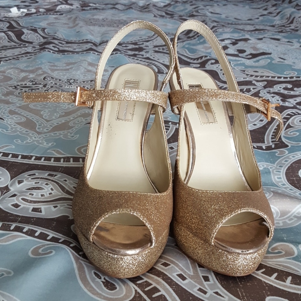 Gold glittery platform peep toe stilettos